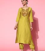 Green Zari Sequence Embroidered Viscose Straight Kurta Pant Set