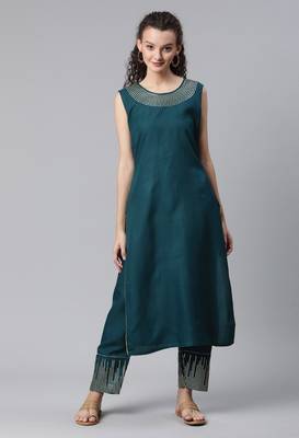 Teal Sequence Work Ruby Cotton Straight Kurta Pant Set 1