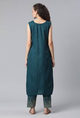 Teal Sequence Work Ruby Cotton Straight Kurta Pant Set 2