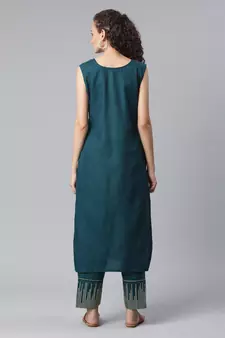 Teal Sequence Work Ruby Cotton Straight Kurta Pant Set