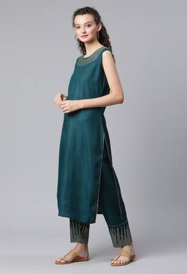 Teal Sequence Work Ruby Cotton Straight Kurta Pant Set 3