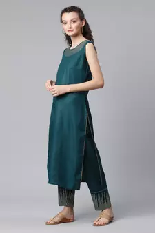 Teal Sequence Work Ruby Cotton Straight Kurta Pant Set