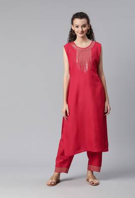 Rust Sequence Work Ruby Cotton Straight Kurta Pant Set 1