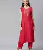 Rust Sequence Work Ruby Cotton Straight Kurta Pant Set