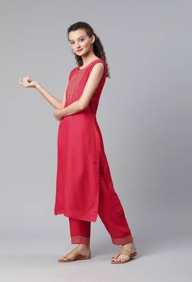 Rust Sequence Work Ruby Cotton Straight Kurta Pant Set 3