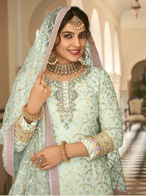 Sky blue color Embroidered Georgette Palazzo Salwar Kameez 2