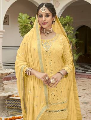 Yellow color Embroidered Georgette Palazzo Salwar Kameez 2