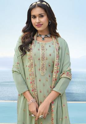 Sea Green Color Chinnon Georgette Trendy Salwar Kameez 2