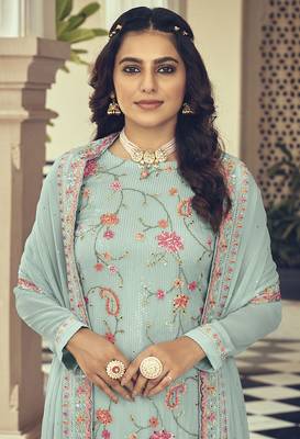 Embroidered Sky blue Color Georgette Trendy Straight Salwar Kameez 2