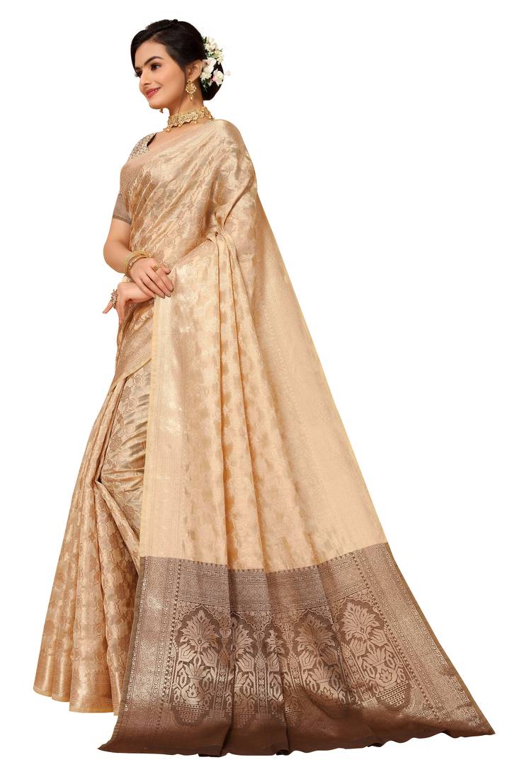 Beige woven organza saree with blouse