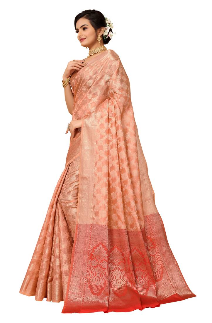 Peach woven organza saree with blouse