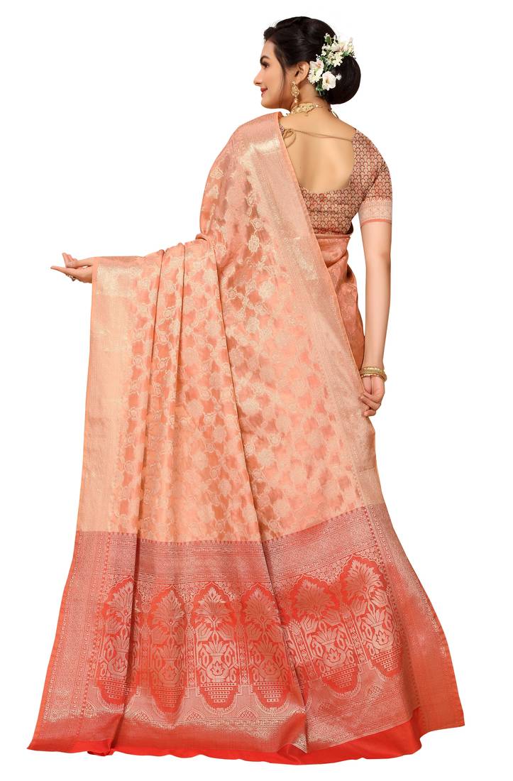 Peach woven organza saree with blouse