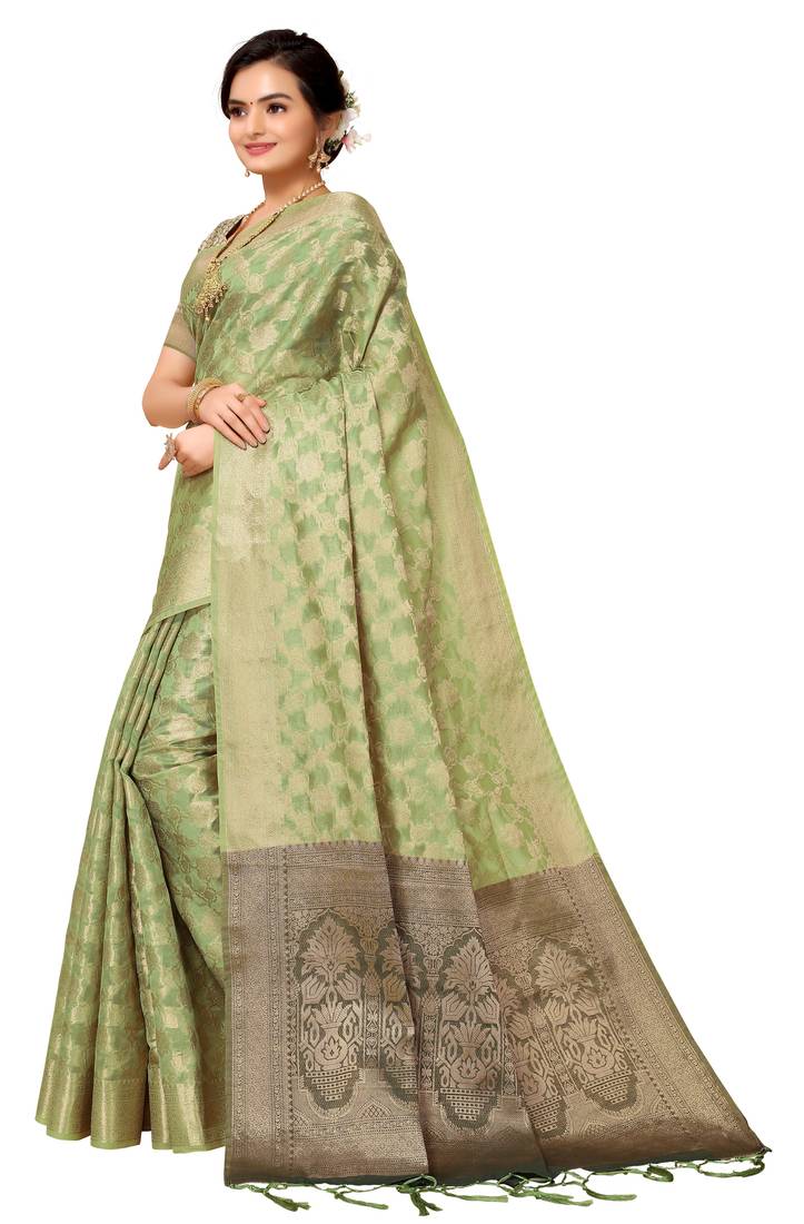Light green woven organza saree with blouse