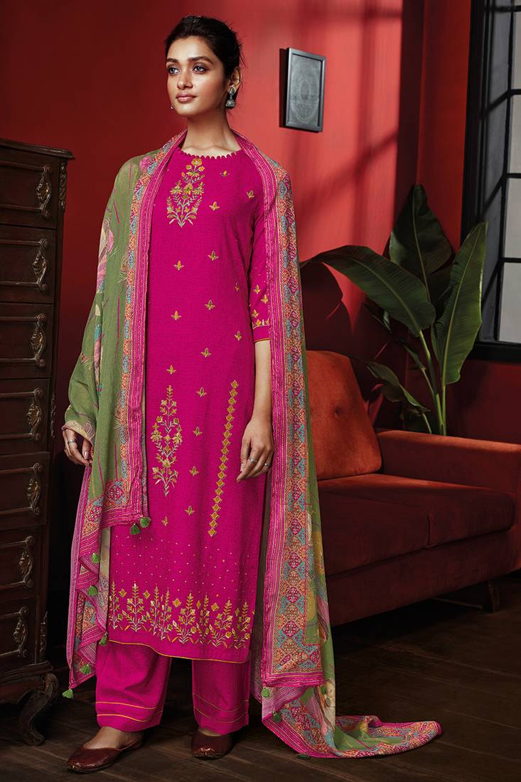 Awesome pure rayon winter wear pink embroidered salwar suit