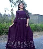 Women's Purple Faux Georgette Stitched Top With Belt 3/4 Sleeve Embroidered Anarkali Gown