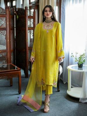 Women's Yellow Faux Georgette Stitched Top With Unstitched Santoon 1