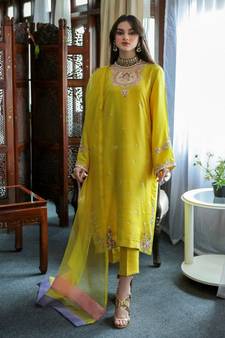 Women's Yellow Faux Georgette Stitched Top With Unstitched Santoon