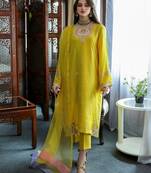 Women's Yellow Faux Georgette Stitched Top With Unstitched Santoon