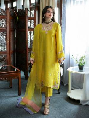 Women's Yellow Faux Georgette Stitched Top With Unstitched Santoon 2
