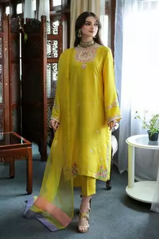 Women's Yellow Faux Georgette Stitched Top With Unstitched Santoon