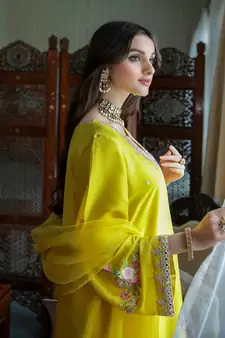 Women's Yellow Faux Georgette Stitched Top With Unstitched Santoon