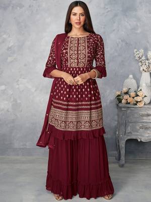 Women's Maroon Faux Georgette Stitched Top With Stitched Faux Georgette 1
