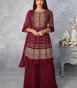 Women's Maroon Faux Georgette Stitched Top With Stitched Faux Georgette