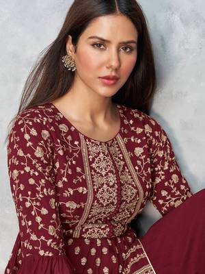 Women's Maroon Faux Georgette Stitched Top With Stitched Faux Georgette 2