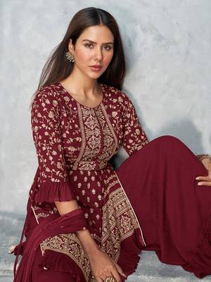 Women's Maroon Faux Georgette Stitched Top With Stitched Faux Georgette 3