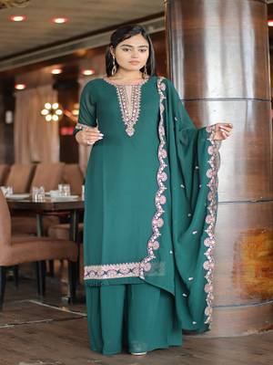 Women's Green Faux Georgette Stitched Top With Unstitched Santoon Bottom and Faux Georgette 1