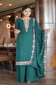 Women's Green Faux Georgette Stitched Top With Unstitched Santoon Bottom and Faux Georgette