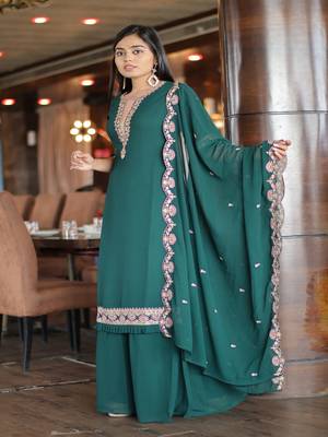 Women's Green Faux Georgette Stitched Top With Unstitched Santoon Bottom and Faux Georgette 2