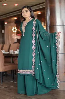 Women's Green Faux Georgette Stitched Top With Unstitched Santoon Bottom and Faux Georgette