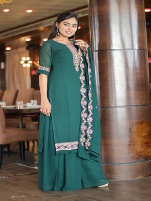Women's Green Faux Georgette Stitched Top With Unstitched Santoon Bottom and Faux Georgette 3