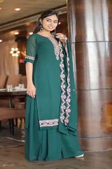 Women's Green Faux Georgette Stitched Top With Unstitched Santoon Bottom and Faux Georgette