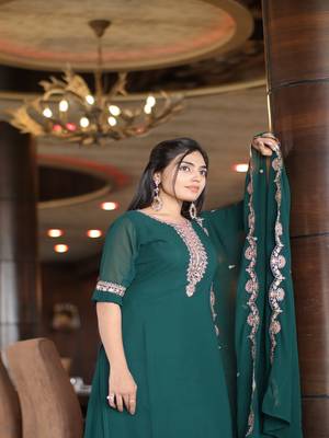 Women's Green Faux Georgette Stitched Top With Unstitched Santoon Bottom and Faux Georgette 4
