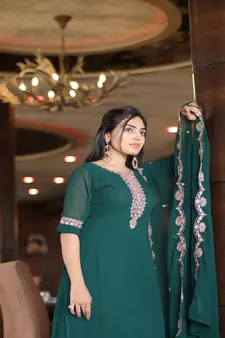 Women's Green Faux Georgette Stitched Top With Unstitched Santoon Bottom and Faux Georgette