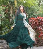 Women's Green Faux Georgette Stitched Top Full Sleeve Embroidered Anarkali Gown (Gown)