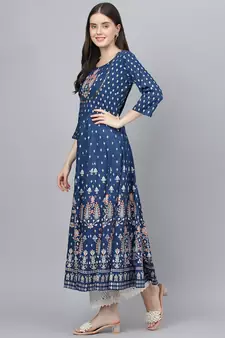 Dark-blue printed rayon ethnic-kurtis