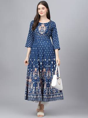 Dark-blue printed rayon ethnic-kurtis 5