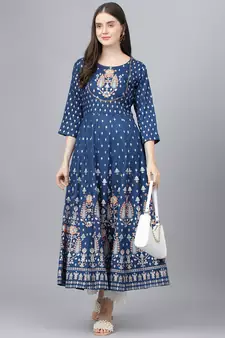 Dark-blue printed rayon ethnic-kurtis