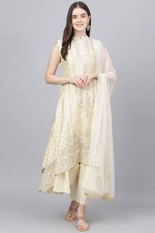Cream floral print chanderi salwar