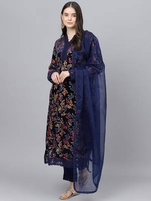 Navy-blue floral print velvet salwar 1