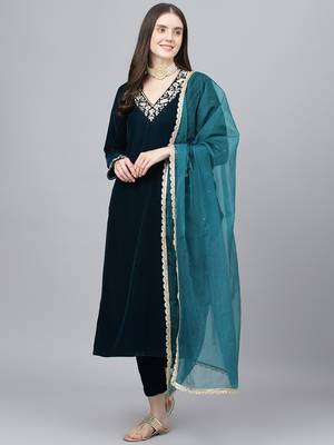 Teal plain velvet salwar 1