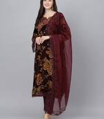 Brown floral print velvet salwar