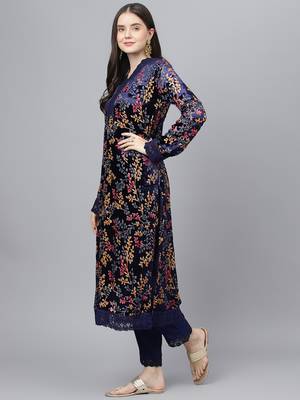 Navy-blue floral print velvet salwar 2