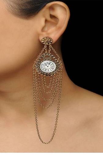 Enameled White Clock Earrings  With Hanging Chain