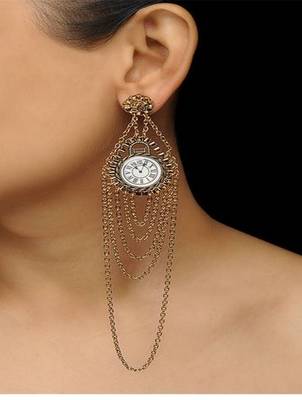 Enameled White Clock Earrings  With Hanging Chain 1