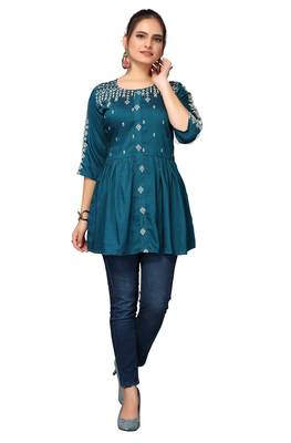 Mohvouge Women's Teal Viscose blend Embroidered Short Top. 1