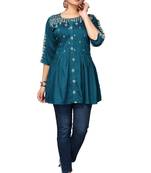 Mohvouge Women's Teal Viscose blend Embroidered Short Top.
